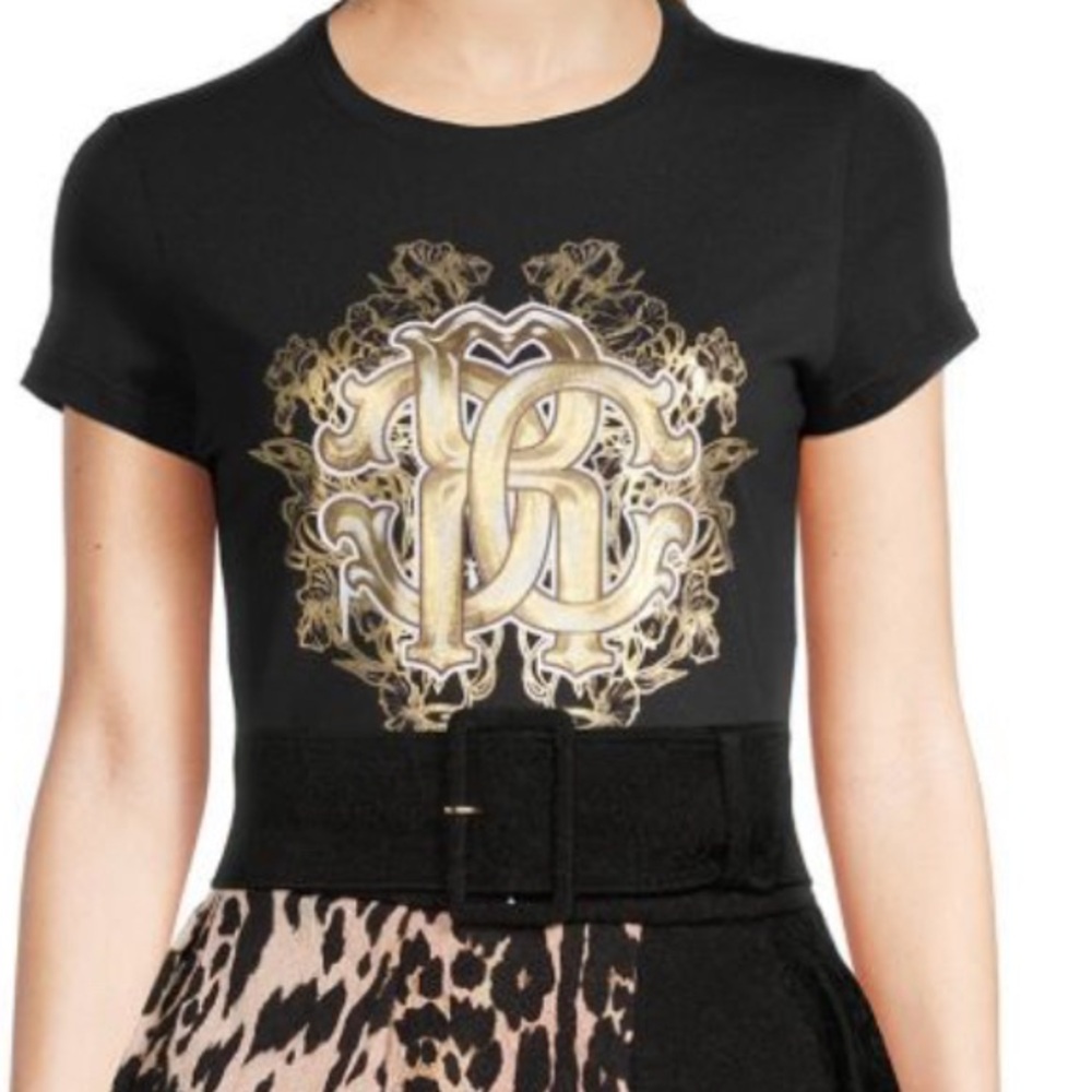 Roberto Cavalli Women’s Slim Fit Graphic T-Shirt Black Crew Neck, Size S